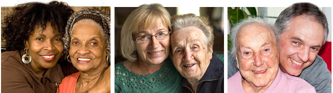 ACE-C tryptich Three photos of older adults each with a caregiver