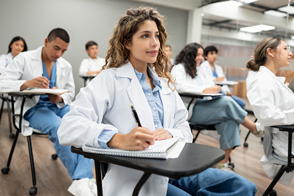 Worm's eye view of a diverse smiling group of nurses