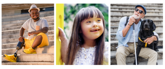 ACE-D tryptich Three photos of people with different disabilities